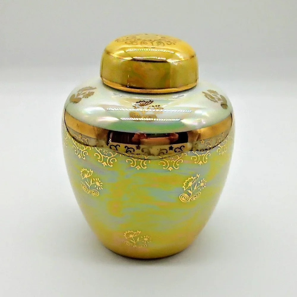 Yellow Iridescent Covered Gold Accented Porcelain Ginger Jar